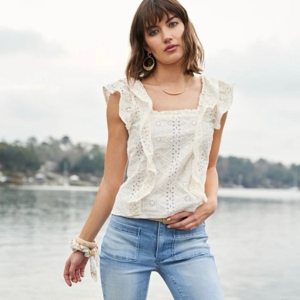 Spartina 449 Taralynn Eyelet Cream Square Neck Ruffle Top in Pearl White Size XL